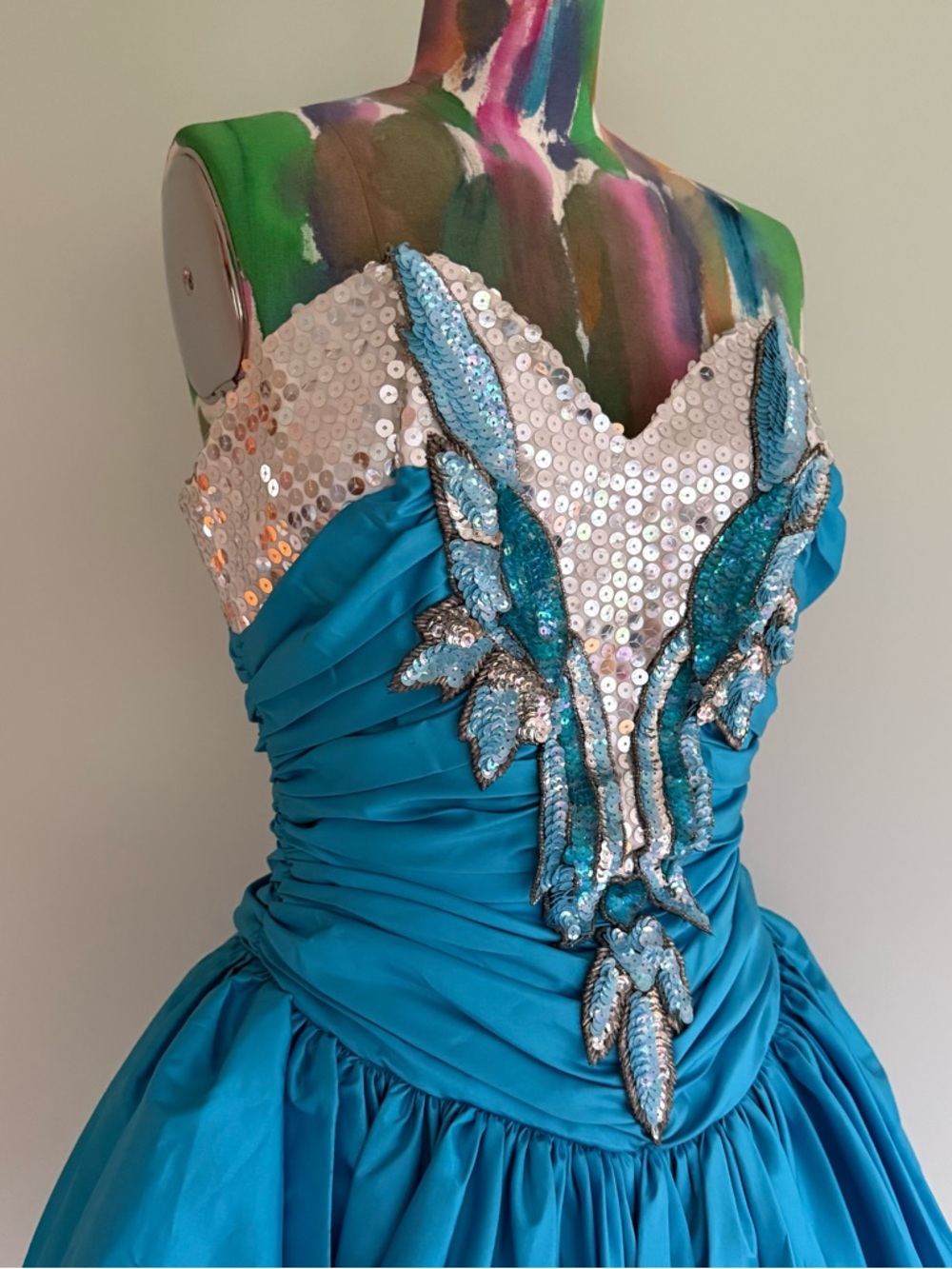 🐬VINTAGE 80s Alyce Designs Sequin Taffeta Peplum Prom Gown Dress - Picture 3 of 11